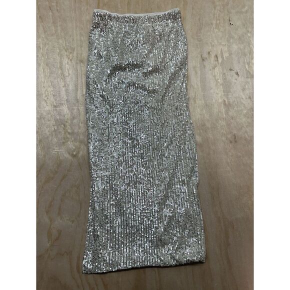 WILDFOX sequin ruched side slit midi skirt Gold Sz S Lined Pull on Elastic Waist - Picture 5 of 6
